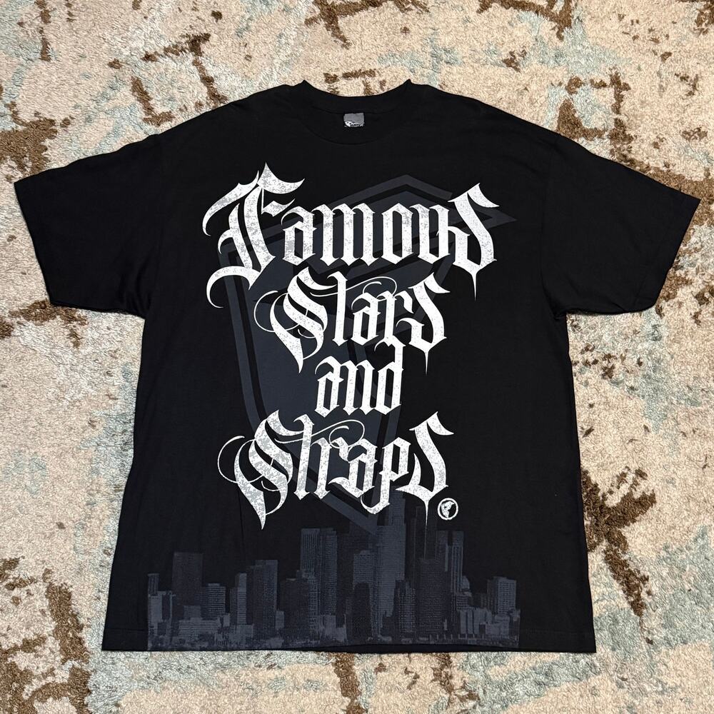 Vintage Famous Stars and Straps Cityscape Shirt Size 2XL Black Y2K